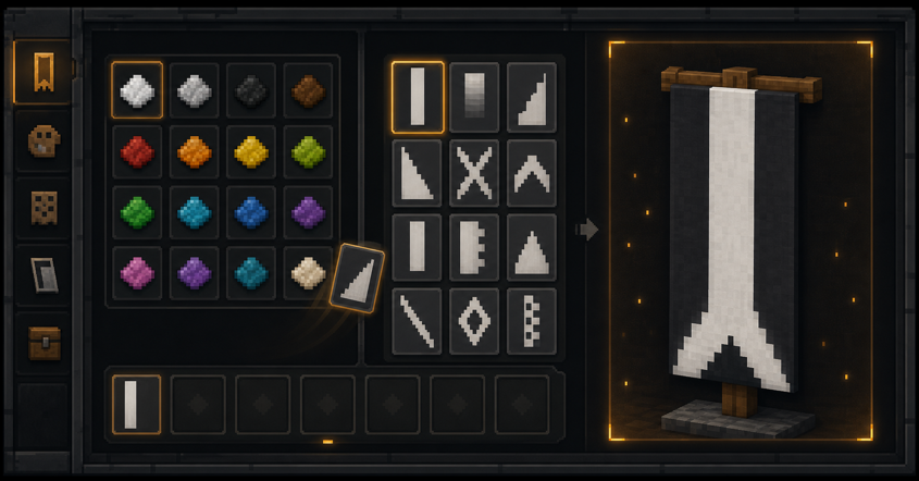 PixCraft banner workbench with color swatches, pattern layers, and live preview