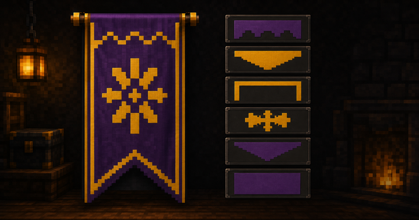 Layered purple and gold banner preview beside an ordered pattern stack