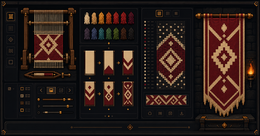 Minecraft-inspired loom steps and command output arranged beside a banner