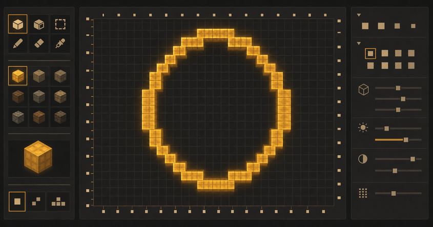 Block circle blueprint on a square grid with centered axes