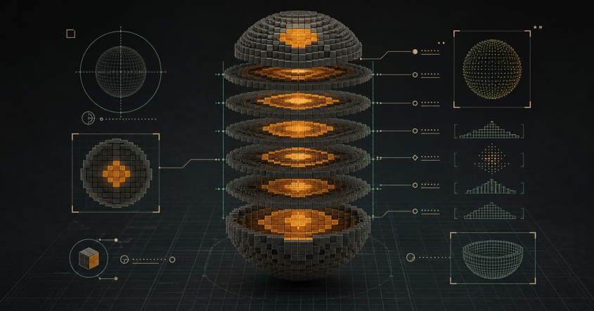 Exploded voxel sphere showing circular layers from base to top