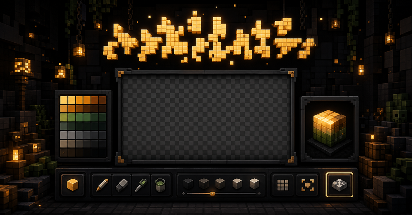 Dark voxel workshop with block lettering, color controls, and a PNG export tile