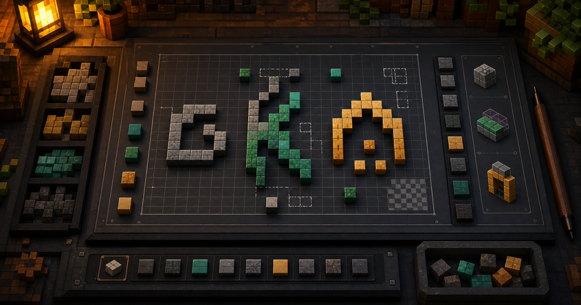 Blocky glyph shapes arranged on a precise pixel lettering grid with scale guides