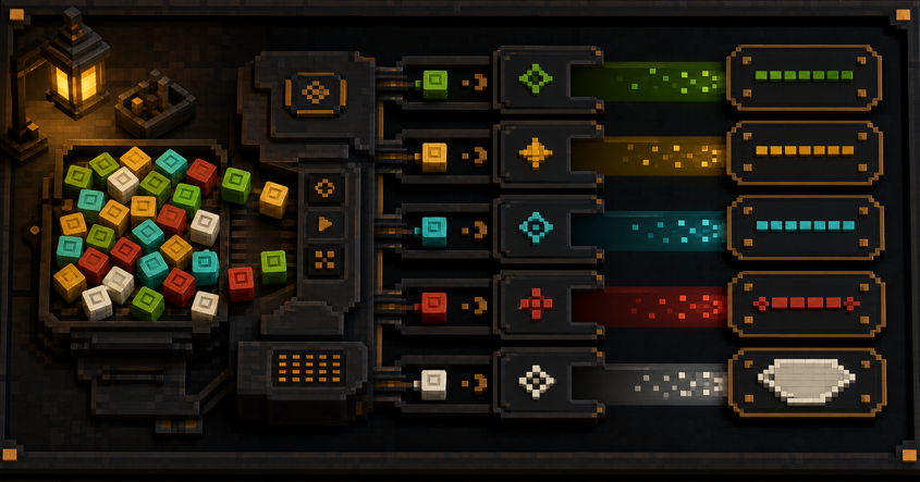 Colored formatting tokens flowing into separate game-text output lanes