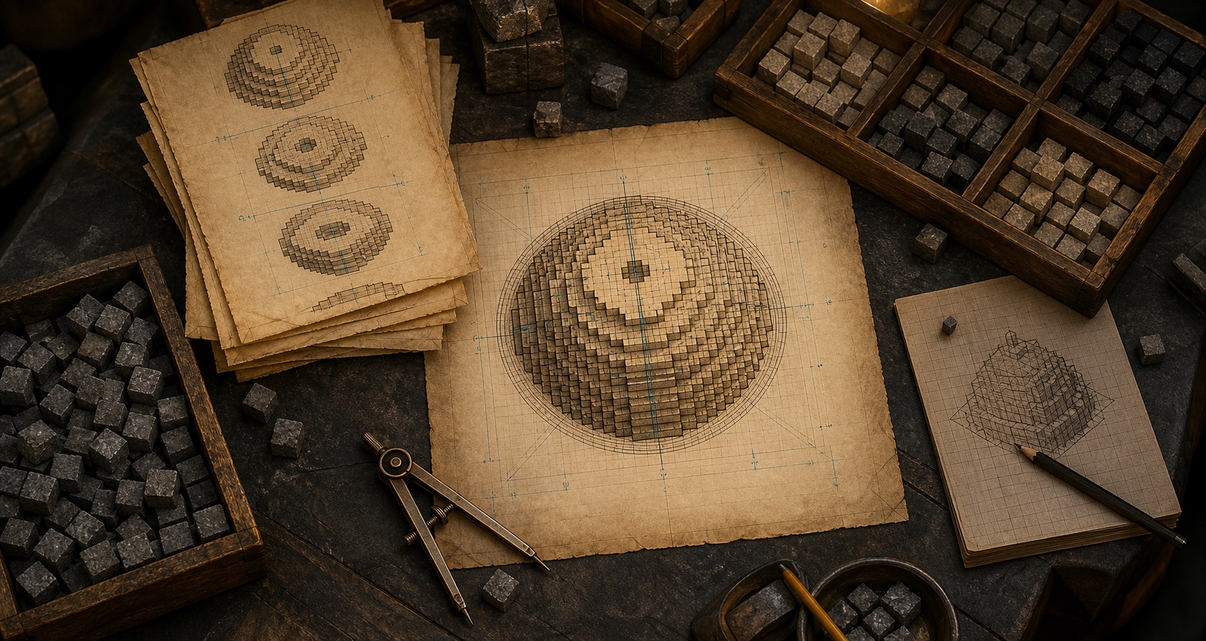 Builder desk with circular block plans, sphere layers, compass, and counted blocks