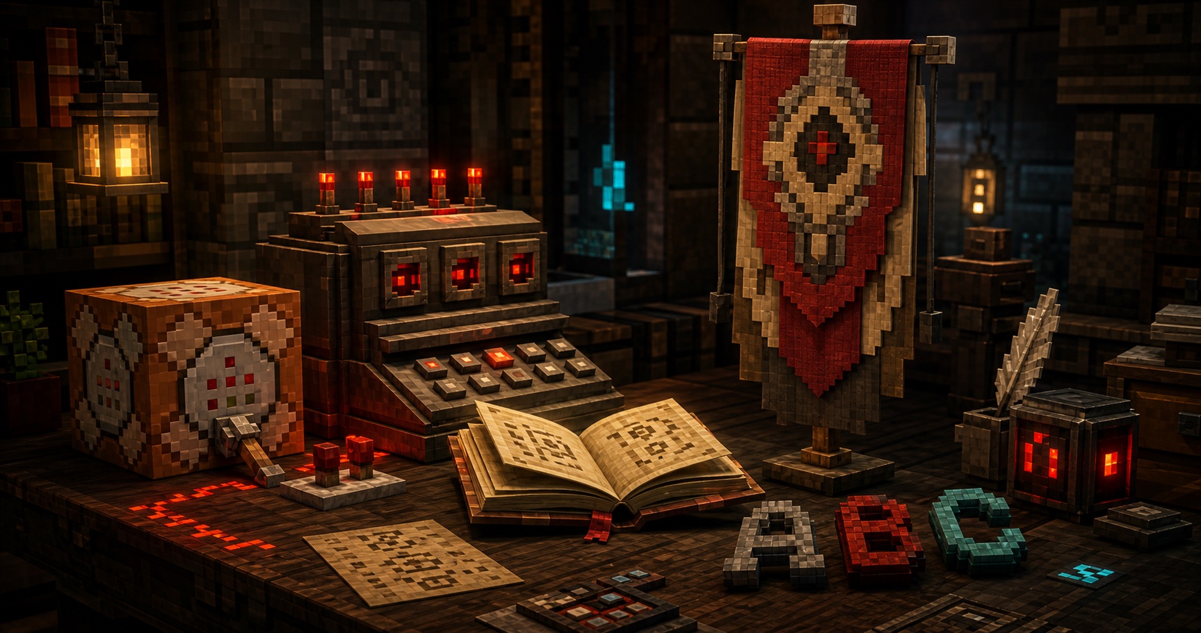 Redstone-lit workbench with command, banner, book, and pixel lettering elements