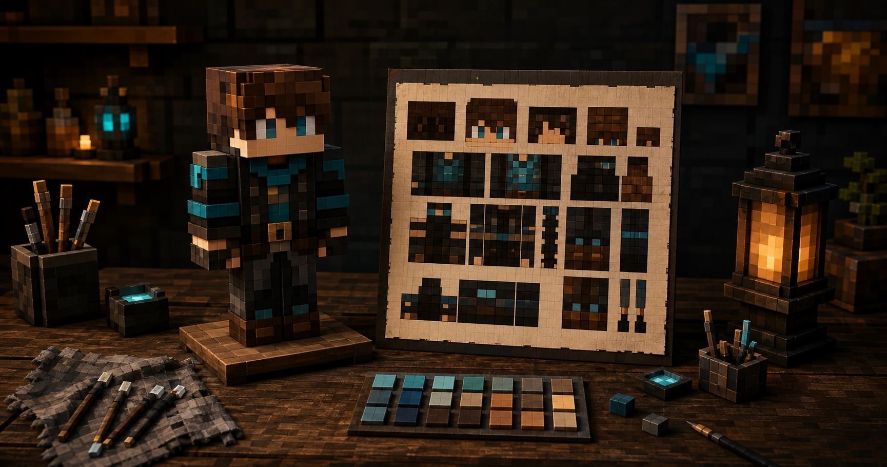 Original block-character skin mannequin beside a pixel texture sheet