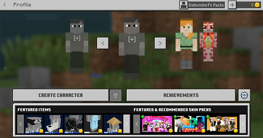 Minecraft Profile screen with character slots and skin packs