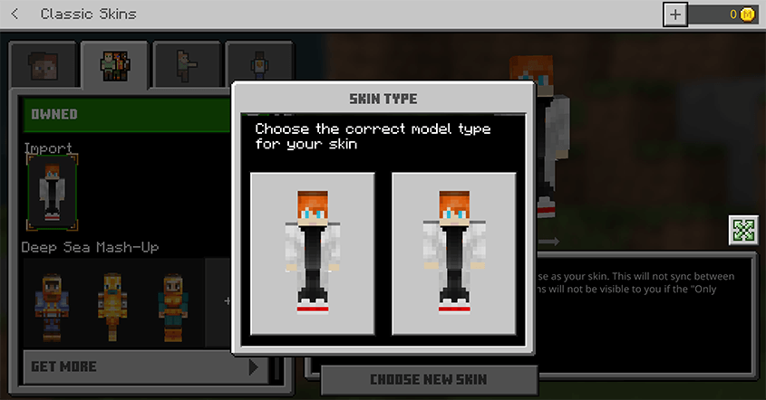 Minecraft Classic Skins screen showing Classic and Slim model choices